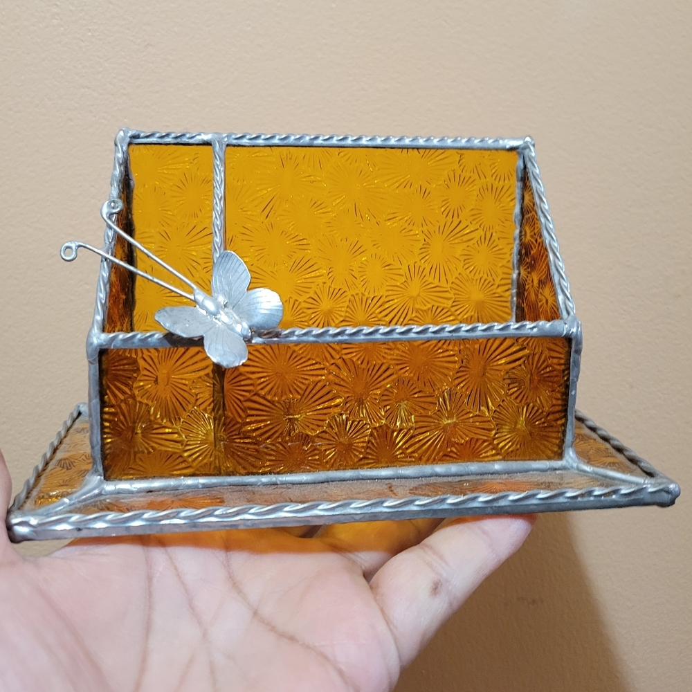 Rare Vintage Stained  Amber Textured Glass/Butterfly Desk/Dresser Trinket Holder